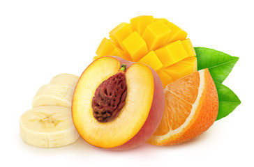 Composition with sliced tropical fruits isolated on a white background with clipping path.