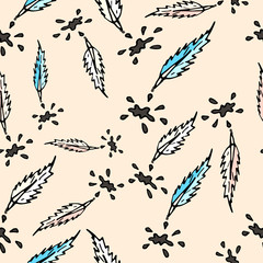 Obraz premium Seamless pattern with feather elements and ink blots of different colors. Vector doodles hand-drawn.