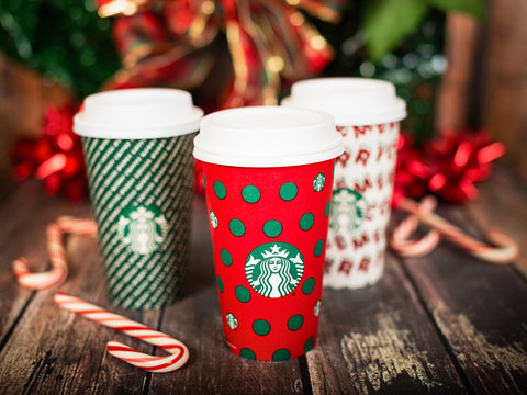 Starbucks popular holiday beverage cups in the new 2019 design on November 9, 2019 in Dallas, Texas.