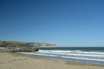 The beach and seafront at Swanage on the Dorset coast in Southern England