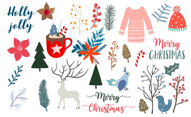 Doodle Christmas object collection with pine cone,reindeer,candy.Vector illustration for icon,logo,sticker,printable
