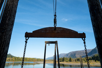 Chains and pulleys on the ramp to the boat launch in Beacon Rock State Park, Washington, USA