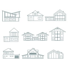 Illustration of home outline icons. House silhouettes in thin line style. Real estate business and game application design illustration