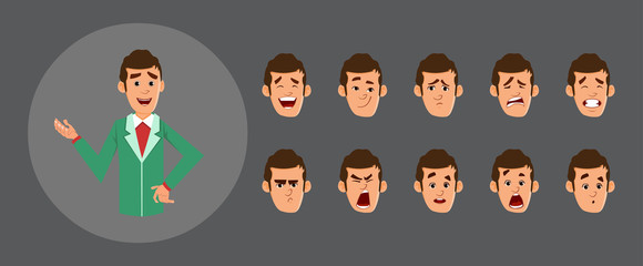 cute businessman avatar with various facial emotions and lip sync. character for custom animation.