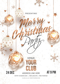Merry Christmas Party invitation card design with hanging baubles, stars and snowflakes decorated on white background with venue details.
