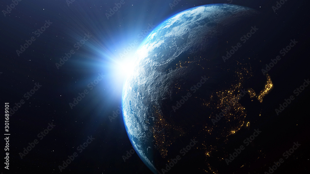 Wall mural earth planet with the sun viewed from space , 3d render of planet earth, elements of this image prov