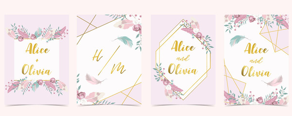Pink green gold geometry wedding invitation with rose,flower,heart and leaves.Vector birthday invitation for kid and baby.Editable element