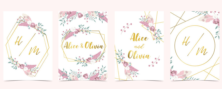 Pink green gold geometry wedding invitation with rose,flower,heart and leaves.Vector birthday invitation for kid and baby.Editable element