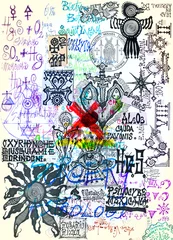 Poster Manuskripte mit esoterischen, wissenschaftlichen, astrologischen und alchemistischen Symbolen und Designs. Geheimnisvolle Seiten mit Skizzen, Schriften und Projekten © Rosario Rizzo