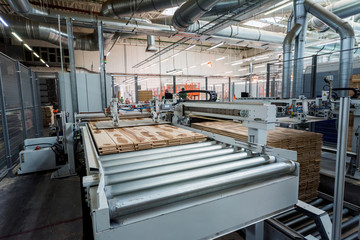 Production line of the wooden floor factory. CNC automatic woodworking machine.