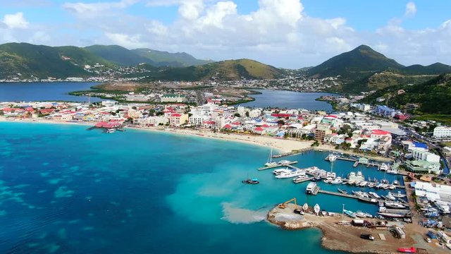 Aerial view of the Philipsburg harbor on Saint Martin island. Some hotels, beach and sailing yachts .