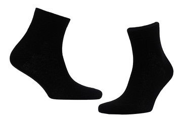 Blank black cotton medium socks on invisible foot isolated on white background as mock up for advertising, branding, design, front side, side view, template.