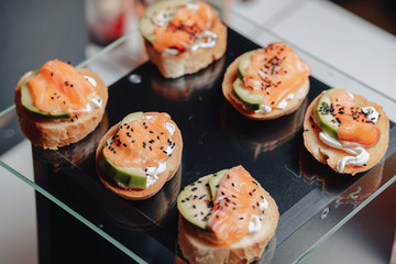 delicious festive buffet with canapés and different delicious meals