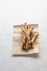 Fresh horseradish roots top view