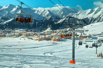 Mountain ski resort with fast ski lifts, Alpe d Huez