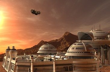 Mars colony. Expedition on alien planet. Life on Mars. 3D Illustration © elenaed