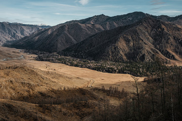 Mountains valley aerial autumn landscape, Chike-Taman mountain road pass, Altai