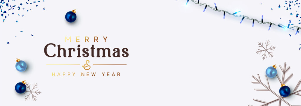 Minimal Christmas banner. Background festive design of sparkling lights blue garland, realistic balls baubles, 3d render silver snowflake. Xmas horizontal poster, greeting cards, header website.