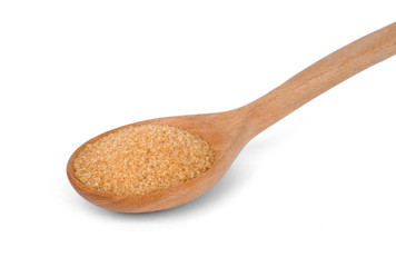 Closeup brown sugar in wooden spoon isolated on white background with clipping path. Unhealthy diet ,awareness and stop diabetes concept.