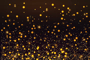 Golden bokeh background. Christmas glowing lights with sparkles. Holiday decorative effect.