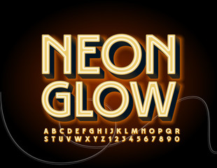 Vector Neon glowing Font. Electric Alphabet Letters and Numbers. 