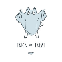 Trick or Treat. Illustration of funny white cat in halloween costume isolated on white background. Vector 8 EPS.