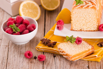 Lemon sponge cake with pomegranate.	