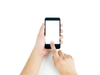 Man asian hand holding vertical the black smartphone with blank screen for text, isolated on white background.