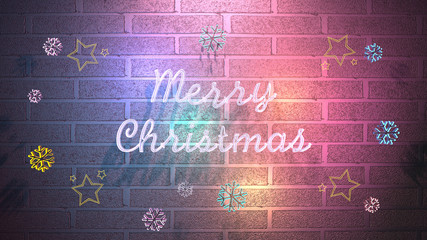 Neon Merry Christmas sign, stars, and snowflakes. Happy Holidays greeting. 3d rendering picture.