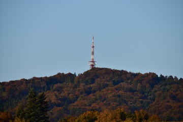 Obraz premium Radio and television transmitter rises above the woods