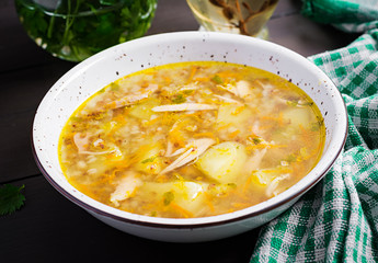 Chicken soup with potatoes and buckwheat.