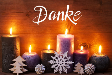 German Calligraphy Danke Means Thank You. Purple Romantic Candle Light With Christmas Ornament....