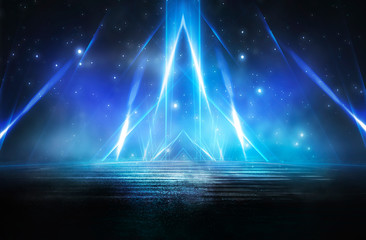 Dark empty abstract scene, rays of searchlights, neon blue light, highlights and lights. Night view of the scene, a tunnel with illumination. Dark background with spotlights.