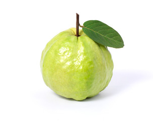 Guava fruit with green leaf isolated on white background. Clipping path.