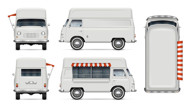 Retro food truck vector mockup on white for vehicle branding, advertising, corporate identity. View from side, front, back, top. All elements in groups on separate layers for easy editing and recolor