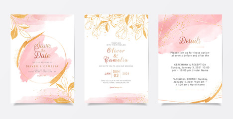 Watercolor creamy wedding invitation card template set with golden floral decoration. Abstract background save the date, invitation, greeting card, multi-purpose vector