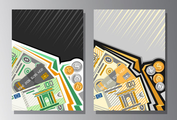 Vector Covers for Currency Exchange with copy space, banners with cartoon paper banknotes of dollar usa, plastic debit card, 100 european euro, golden and silver coins on gray abstract backdrop.