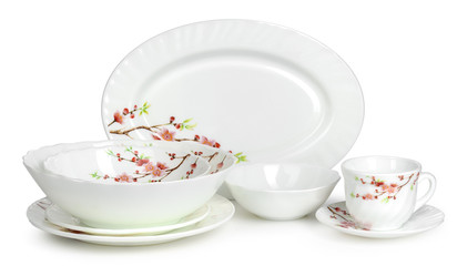 Obraz na płótnie Canvas white ceramics tableware set isolated on white background