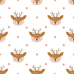Hand drawn of Cute deer with seamless pattern in the white background