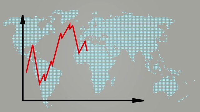 Red digital graphic chart growth progression over world trading dot matrix map.