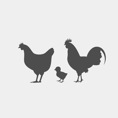 Chicken, chick, rooster vector silhouette. Farm birds silhouettes
