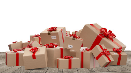 pile of wrapped christmas presents as postal parcel packages 3d-illustration