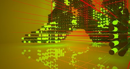 Fototapeta premium Abstract architectural concrete smooth interior from an array of spheres with color gradient neon lighting. 3D illustration and rendering.