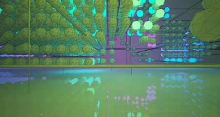 Abstract architectural drawing white interiorfrom an array with color gradient neon lighting. 3D illustration and rendering.