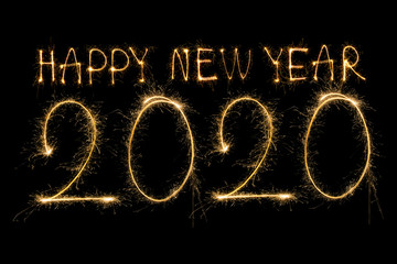 Fototapeta na wymiar Happy New Year 2020. Creative text Happy New Year 2020 written sparkling sparklers isolated on black background for design