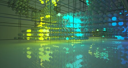 Abstract architectural drawing white interiorfrom an array with color gradient neon lighting. 3D illustration and rendering.