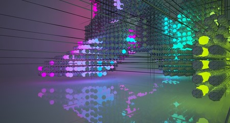 Abstract architectural drawing white interiorfrom an array with color gradient neon lighting. 3D illustration and rendering.