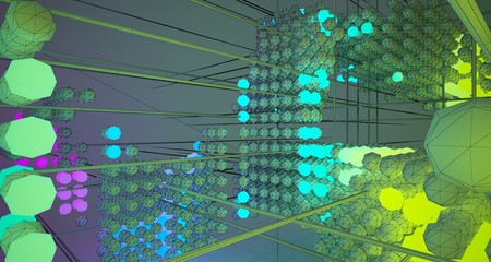 Abstract architectural drawing white interiorfrom an array with color gradient neon lighting. 3D illustration and rendering.