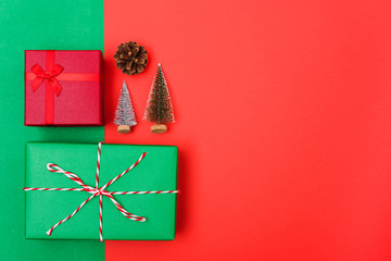 New Year, Christmas Xmas holiday composition, Top view with gift box, clews of rope, green fir tree branch