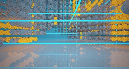 Abstract architectural drawing white interiorfrom an array with color gradient neon lighting. 3D illustration and rendering.